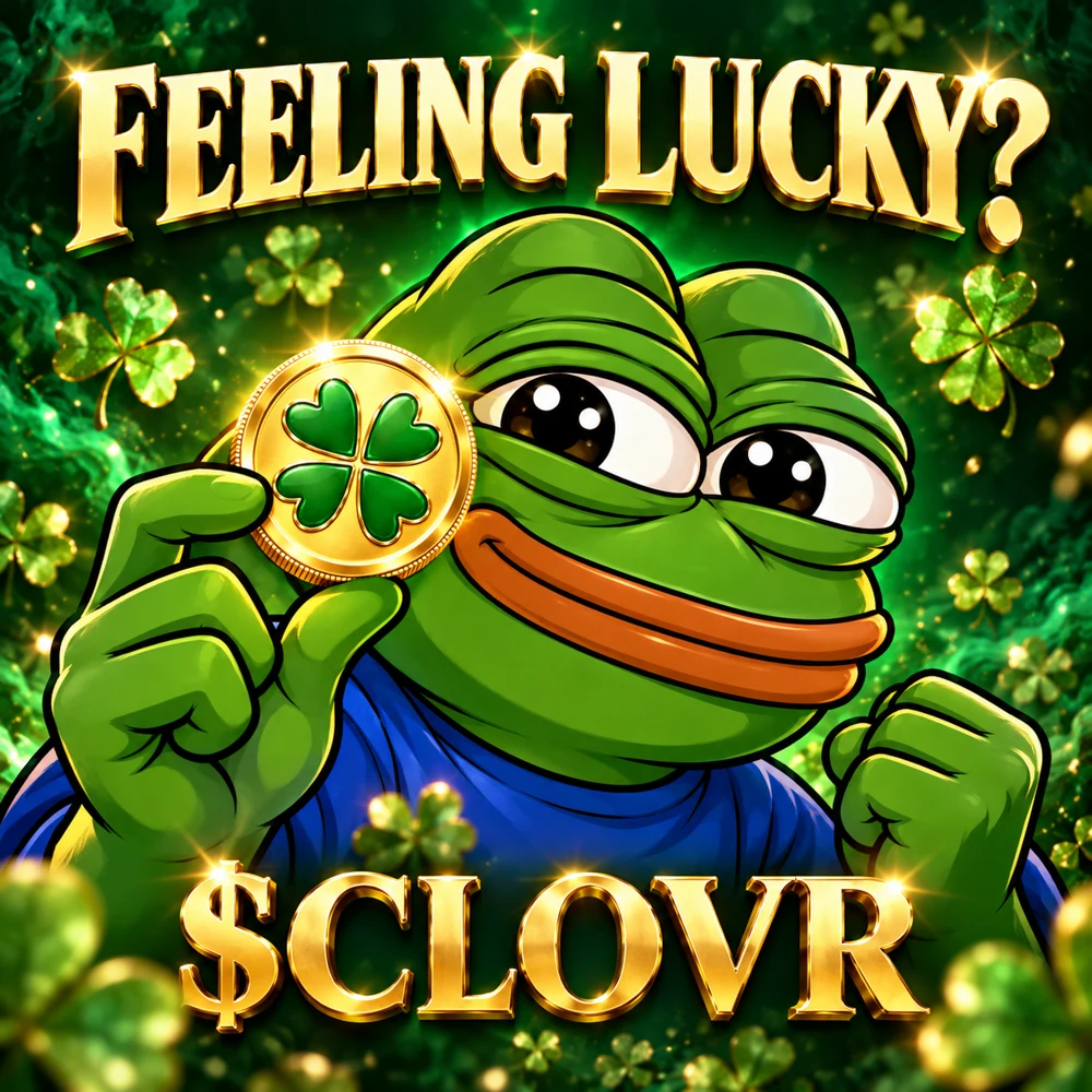 Pepe holding a golden CLOVR coin beneath the words Feeling Lucky?